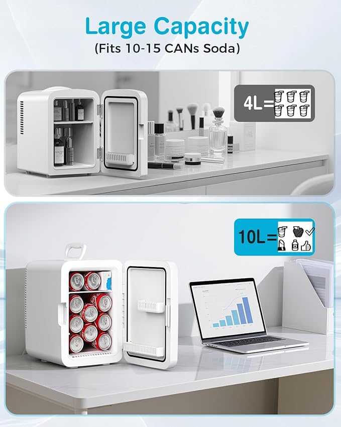 Electactic 10L Compact Mini Fridge, Portable Small Refrigerator, Small Cosmetics Cooler, 2.6 Gal Mini Fridge with AC/DC Adapters for Beverage, Food, Makeup, Bedroom, Office, Dorm, White