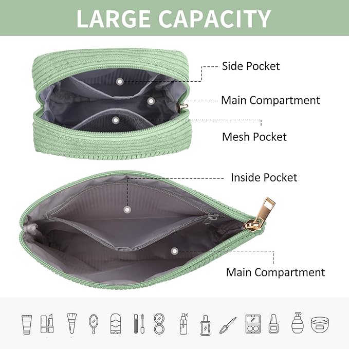 MAGEFY Small Makeup Bag, 2 Pcs Corduroy Makeup Bag for Purse Make Up Organizer Bag Mini Pouch with Slip-in Pockets Aesthetic Preppy Stuff - Green