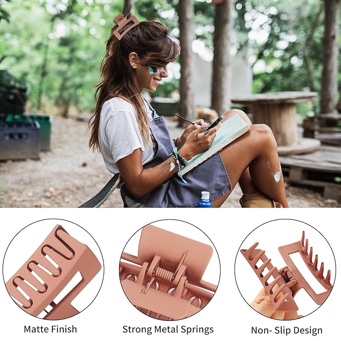 Sisiaipu Hair Clip, 3.5 Inch Medium Square Claw Clips Rectangle Clips 6 Pack Rubber Paint Acrylic Plastic Metal, Non-Slip Design for Women Girls - Coffee