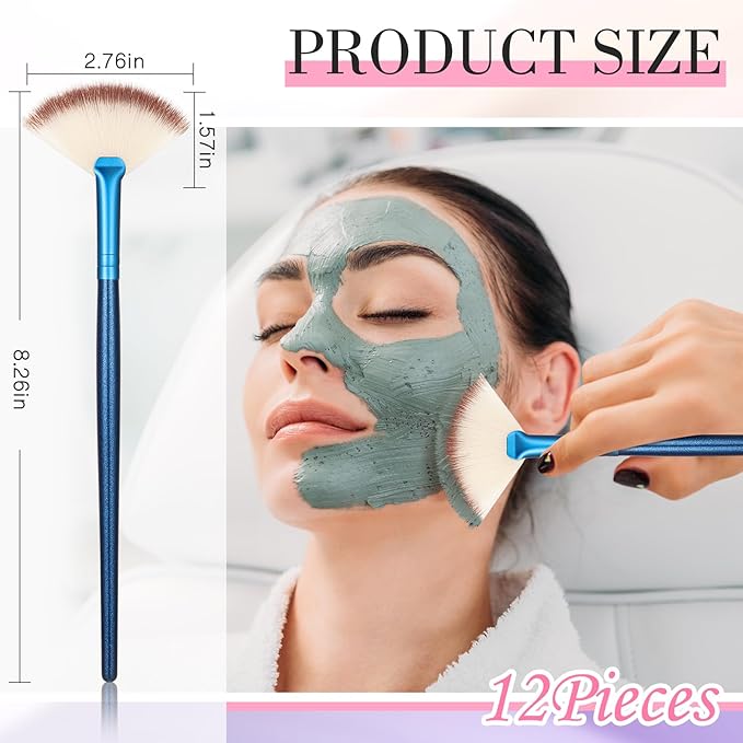 Ziliny 12 Pcs Soft Facial Fan Brush Blush Makeup Brush Face Mask Acid Applicator Multi Use Cosmetic Tools for Peel Mask Makeup for Mud Cream(Blue)