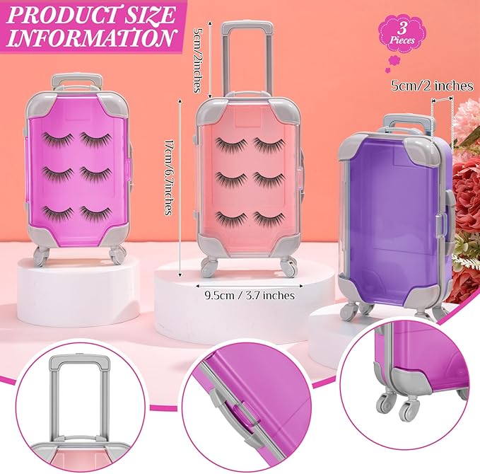 Honeydak 3 Pcs Mini Plastic Suitcase False Eyelashes Tray Luggage Trolley Candy Box Clear Suitcase Packaging Case Party Favor Box for Jewelry Cosmetic Hairpins Storage(Romantic,4.7 x 2.8 x 1.3 Inch)