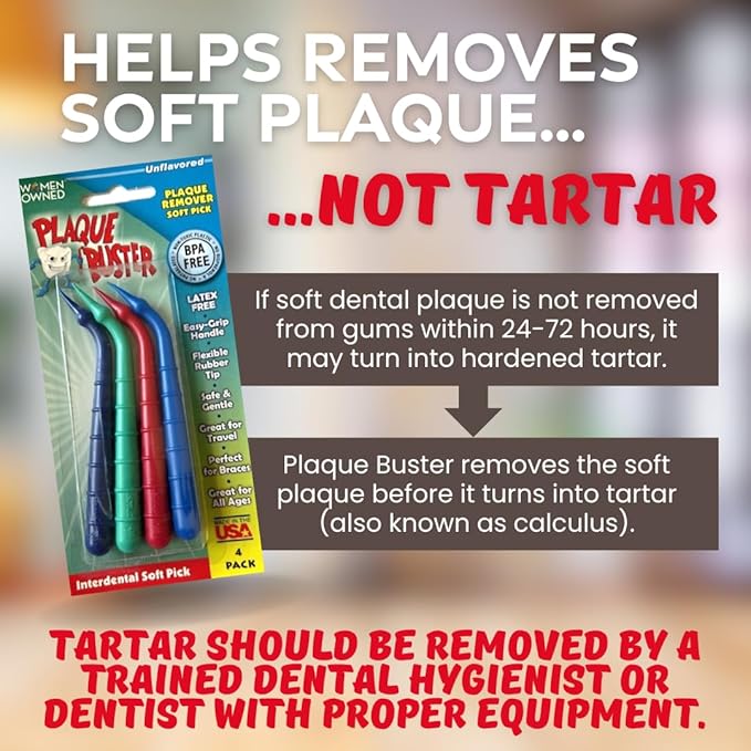 Plaque Buster (12 Count) Soft Interdental Pick, Gum Stimulator & Plaque Remover, Made in USA, for Oral Health and Healthy Gums, Multi-Colored