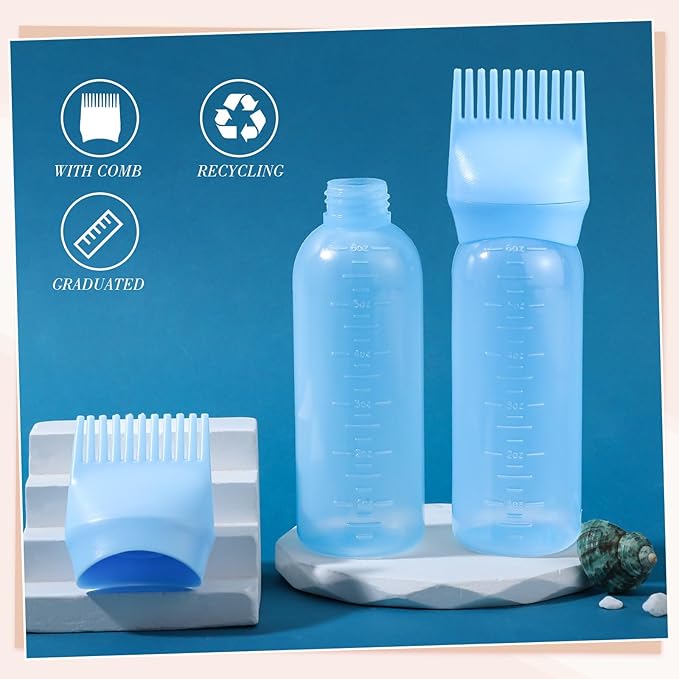 Pimoys Hair Oil Applicator Bottle for Scalp, Root Comb Applicator Bottles Hair Dye Squeeze Bottle Hair Coloring Tools, 2 Pack (Blue)