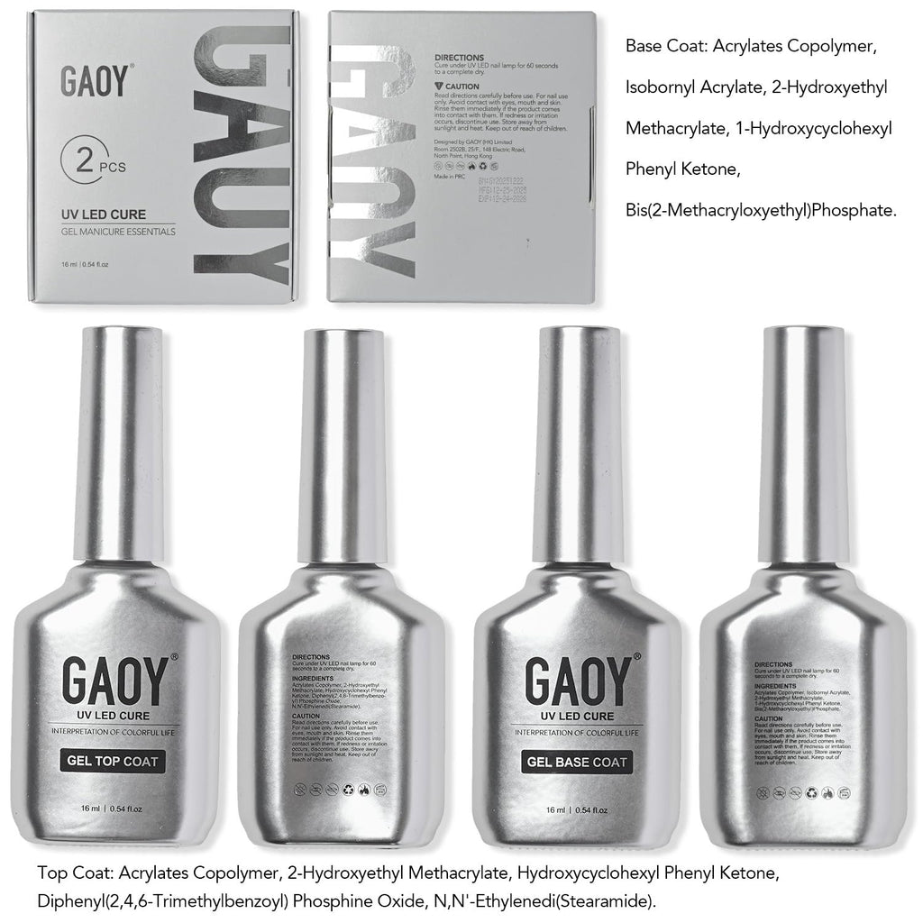 GAOY 16ml 2 Pcs Glassy Gel Top Coat and Base Coat Set,No Wipe Foundation Combination for UV Light Cure Nail Polish