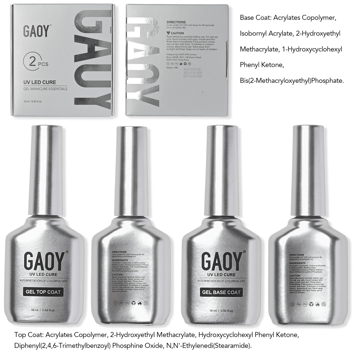 GAOY 16ml 2 Pcs Glassy Gel Top Coat and Base Coat Set,No Wipe Foundation Combination for UV Light Cure Nail Polish