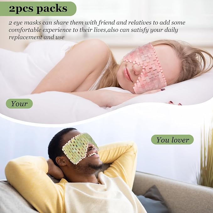 LazyGa Natural Jade Eye Mask and Rose Quartz Eye Mask Set - Soothing & Relaxing Alleviate Puffiness and Migraines with Cooling and Warming Therapy (2 Pcs)