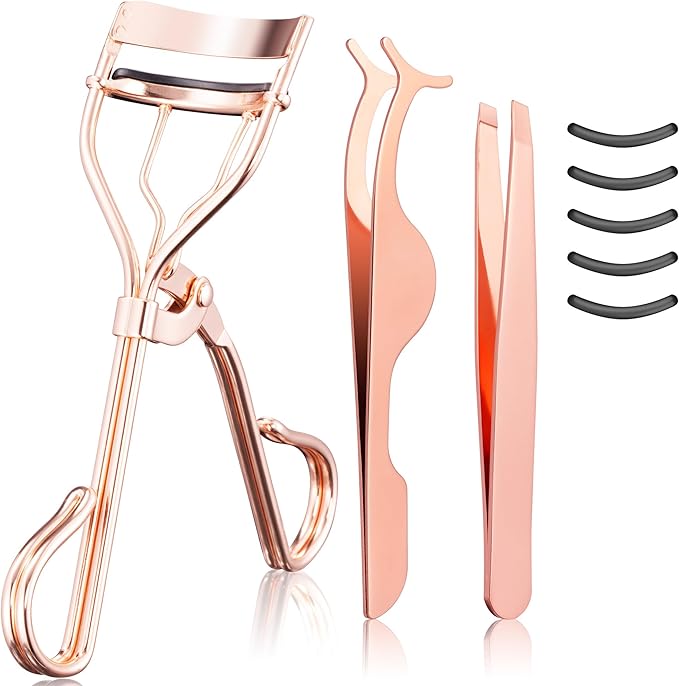 Eyelash Curler Tool - 3-in-1 Professional Eyelash Curler Lash Lift Kit Lash Curler, Professional Kit,Eyelash Extension Tweezers - Includes Replacement Pad for Home & Travel Uses,Rose Gold