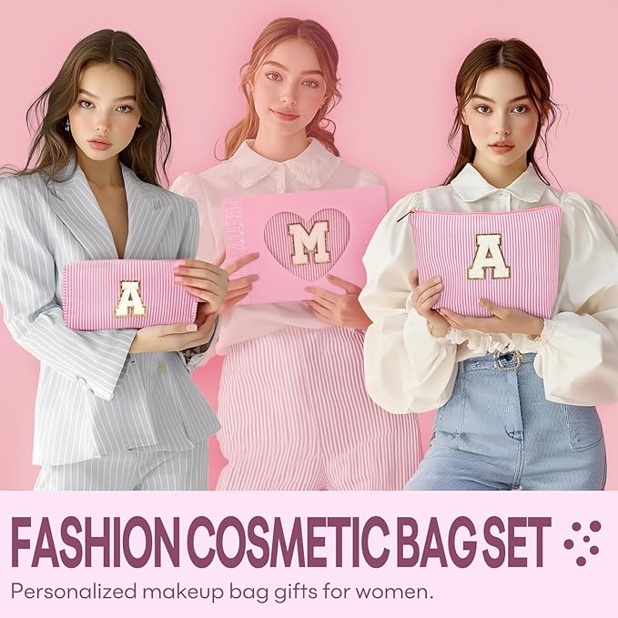 2 PCS Initial Makeup Bags for Women: Cosmetic Bag for Travel Toiletry - Birthday Gifts for 11 12 13 14 15 16 17 18 Years Old Girl Graduation Teacher Gift- Teen Girl Gifts Trendy Stuff - Pink D
