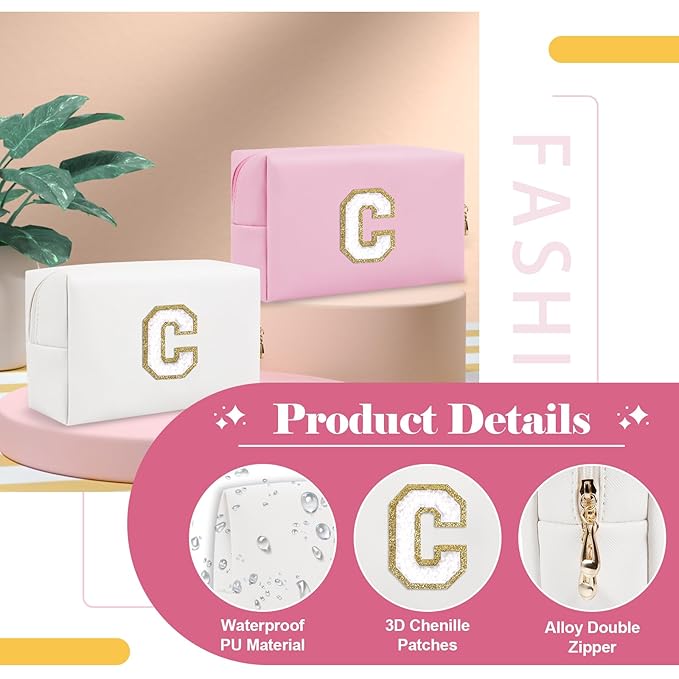 Small Personalized Initial A-Z Preppy Patch Makeup Bag,White PU Chenille Letter Travel Cosmetic Pouch with Zipper,Cute Toiletry Bag,Gift Ideal for Teen Girls Women Teacher Bridesmaid,Letter C