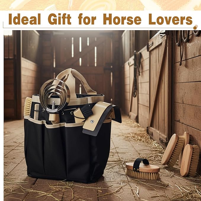 Abbylike 12 Pieces Horse Grooming Kit with Organizer Tote Bag Tack Room Supplies Horse Brush Sets Equine Care Cleaning Kit Shedding Grooming Massaging Tools (Khaki and Black)