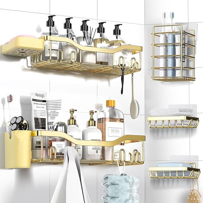 NESOMI Shower Caddy Adhesive Shower Organizer 7-Pack, Rustproof Stainless Steel Bathroom Shelves, Large Capacity No-Drill Rack Storage Accessories with Soap Dish Toothbrush Holder Hooks