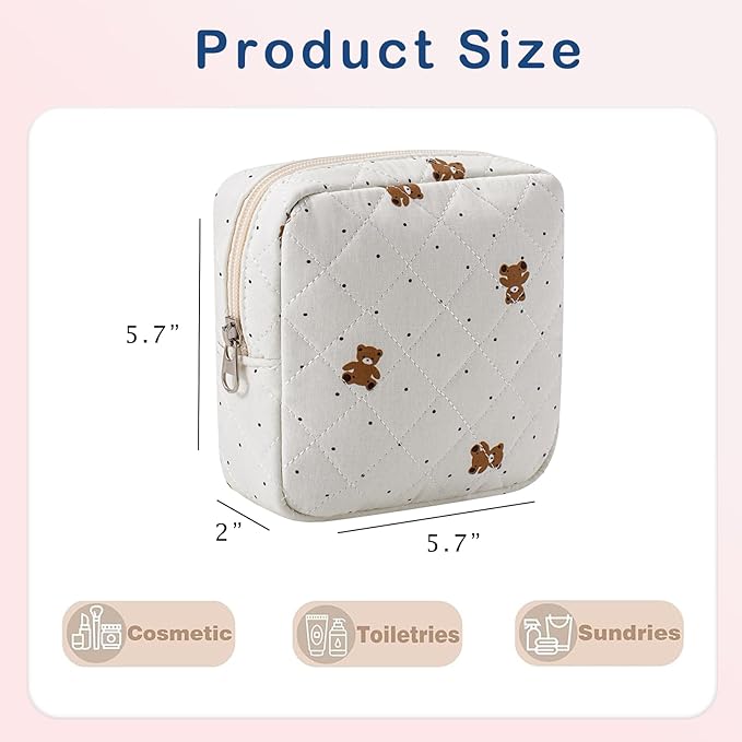 RSRSLEII Small Quilted Cosmetic Pouch for Purse, Mini Cotton Makeup Bag with Compartments, Cute Zipper Lipstick Holder for Women (15Dot Bear)