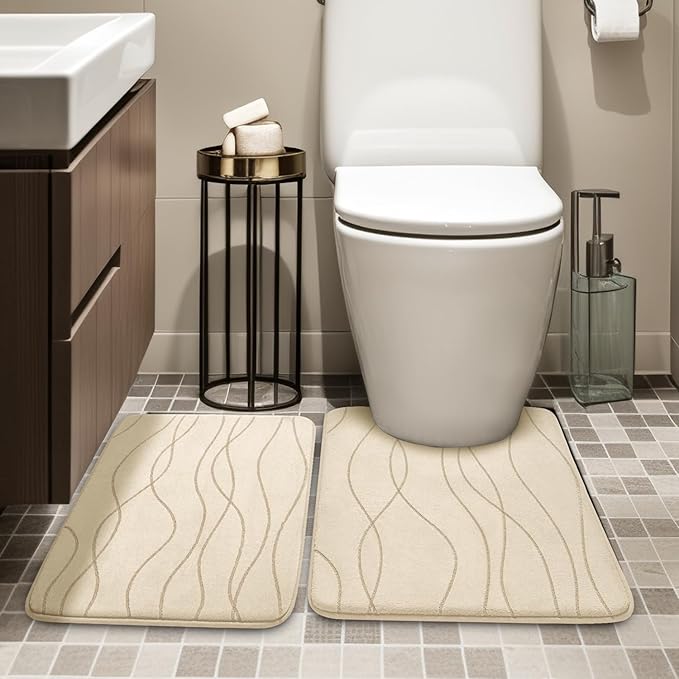 YIHOUSE Bathroom Rugs Set 2 Piece, Memory Foam Bath Mat Khaki