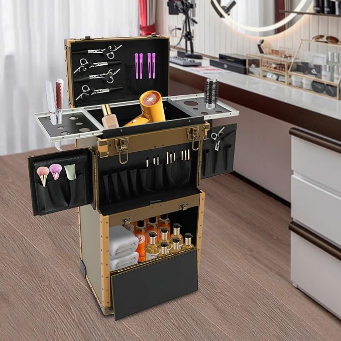 QUEWATSA Rolling Makeup Case Large Storage Cosmetic Trolley, Rolling Lockable Makeup Train Case, Stylist Beauty Salon Cosmetic Luggage Travel Organizer Tool Box with Hair Dryer Holder (Gold)