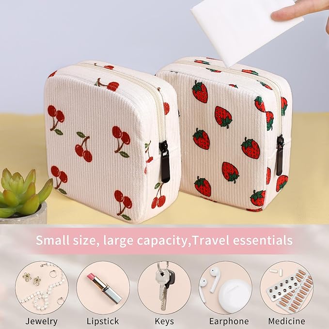 Teircno Period Bag for Women, Portable Corduroy Sanitary Napkin Storage Bag Cherry Period Pouch with Zipper, Sanitary Pads Bag Tampons Holder for Purse, First Period