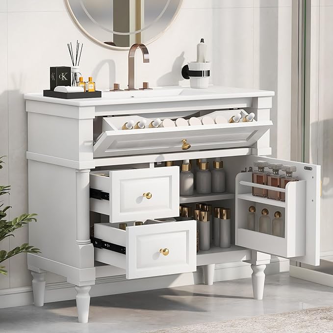 Harper & Bright Designs 36" Bathroom Vanity with Sink, Free Standing Bathroom Vanity Set with Flip Drawer, 2 Drawers, and Adjustable Shelf, Wood Storage Cabinet with Ceramic Basin for Bathroom, White