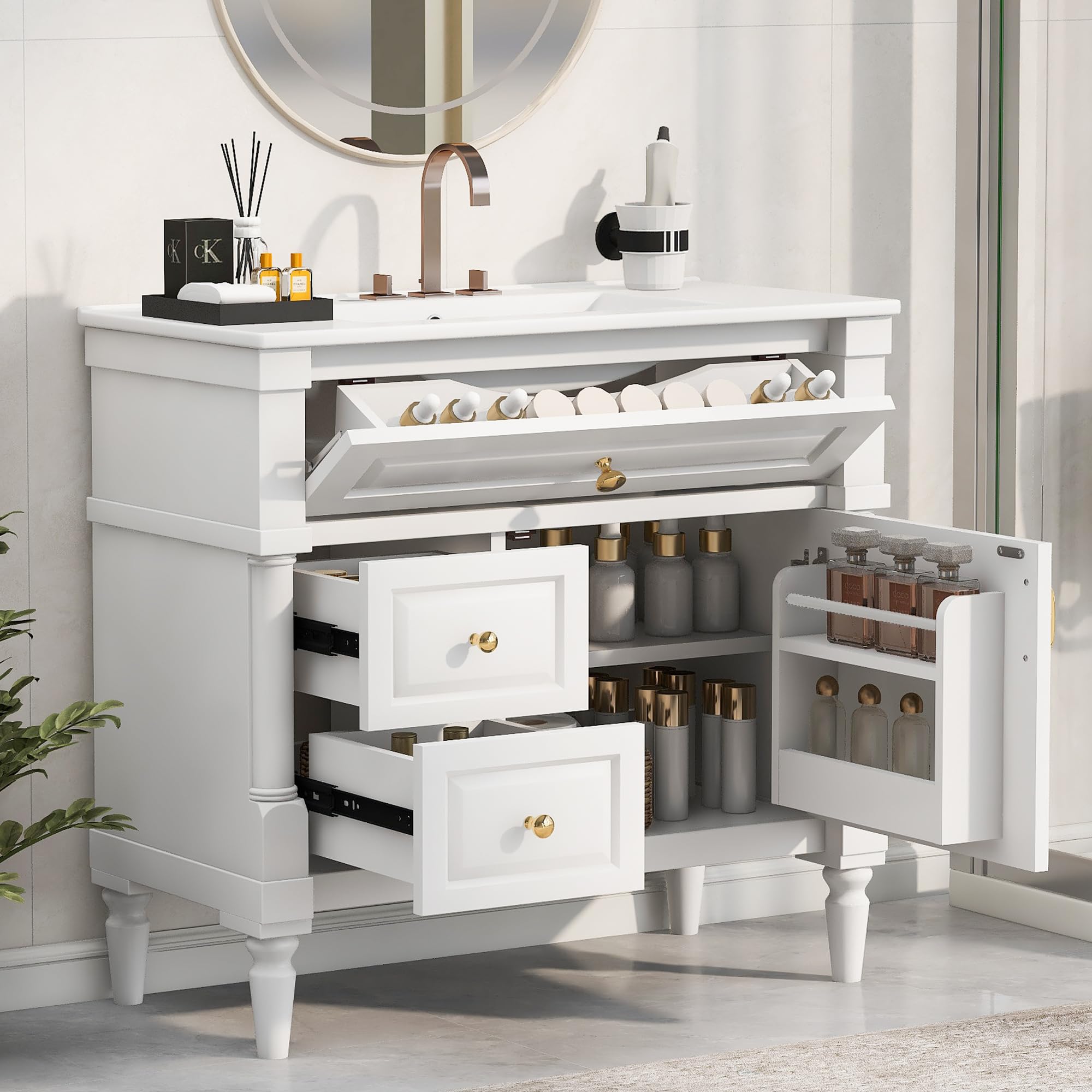 Harper & Bright Designs 36" Bathroom Vanity with Sink, Free Standing Bathroom Vanity Set with Flip Drawer, 2 Drawers, and Adjustable Shelf, Wood Storage Cabinet with Ceramic Basin for Bathroom, White