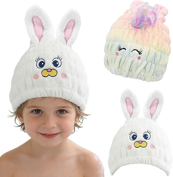 Ksheria 2 PCS Microfiber Hair Towel Wrap for Kids, Girls & Women,Cute Unicorn and White Rabbit Dry Hair Cap - Super Absorbent Quick Drying, Lightweight Turban Towel for Wet Hair