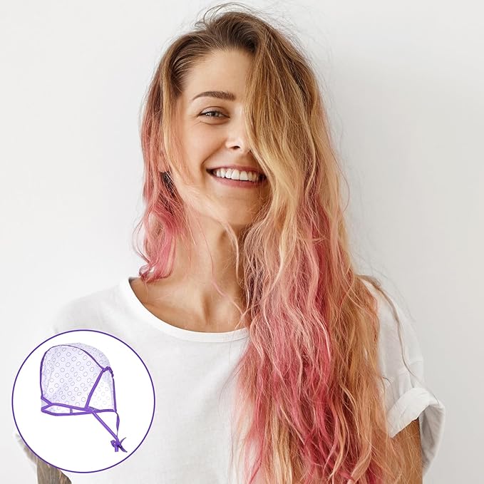 3PCS Highlight Cap With 3 Plastic Crochet Hooks Hair Highlighting Caps Highlighting Kit for Hair Coloring Salon Dyeing Bleach Salon and DIY Hairdressing Supplies(Pink Purple Blue)