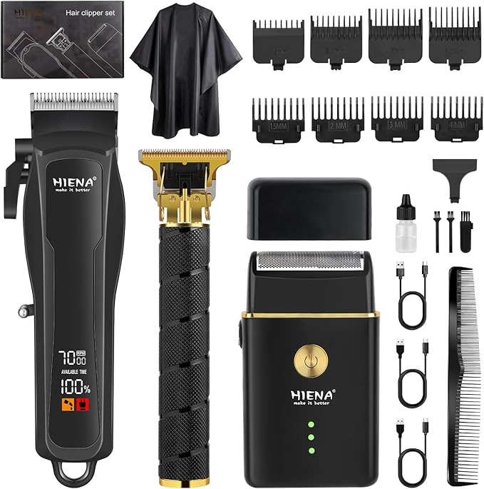 HIENA PRO Professional Hair Clipper Set for Men, Cordless Barber Clippers Set and Trimmer Kit, USB Rechargeable Electric Beard Trimmer Foil Shaver & Men's Facial Grooming Tool Kit, Gifts for Men