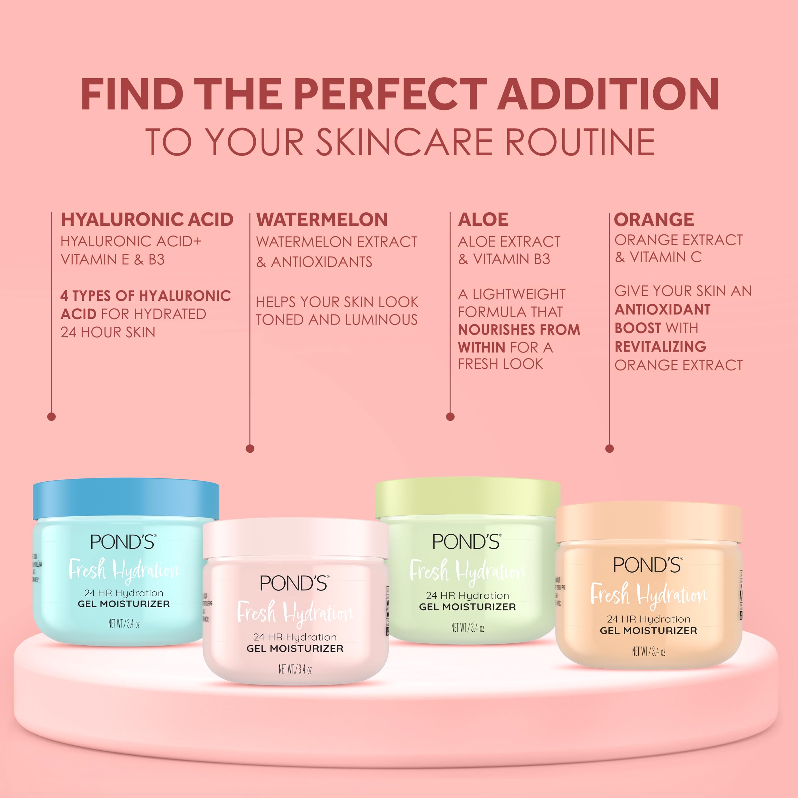 POND’S Fresh Hydration Gel Moisturizer – 24 HR Hydration with Watermelon Extract & Antioxidants – Alcohol & Oil-Free Face Moisturizer – Dermatologist Tested, 3.4 oz