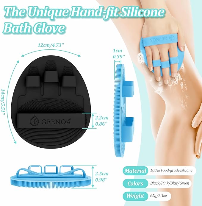 Silicone Bath Gloves 2PCS, 360° Anti-Slip & Enlarged Silicone Body Scrubber for Rich Foaming Deep Cleaning, Revolutionary No-Grip & Hand-fit Shower Scrubber for All Skin Types.(Black+Blue)