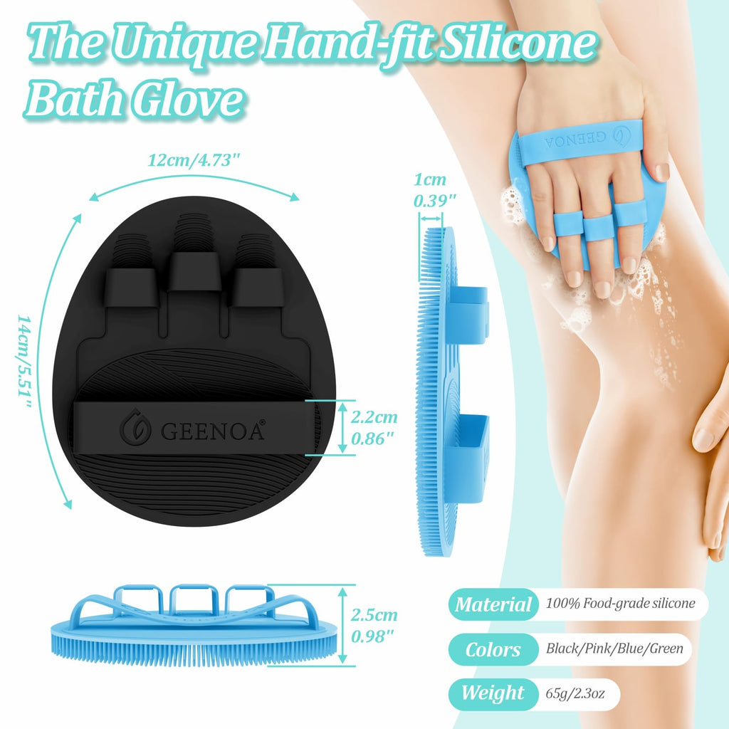 GEENOA New Silicone Bath Glove with Straps, 360° Anti-Slip & Enlarged Exfoliating Body Scrubber for Rich Foaming Deep Cleaning, No-Grip & Hand-fit Shower Scrubber for All Skin Types(Black+Blue)