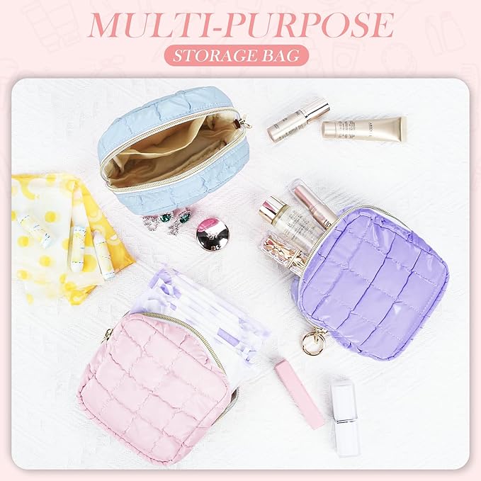 Playexen 4.9" Puffy Small Makeup Bag, Cute Quilted Cosmetic Bag for Purse, Mini Travel Toiletry Organize Pouches for Women, Birthday/Wedding/Christmas Gifts (Purple)