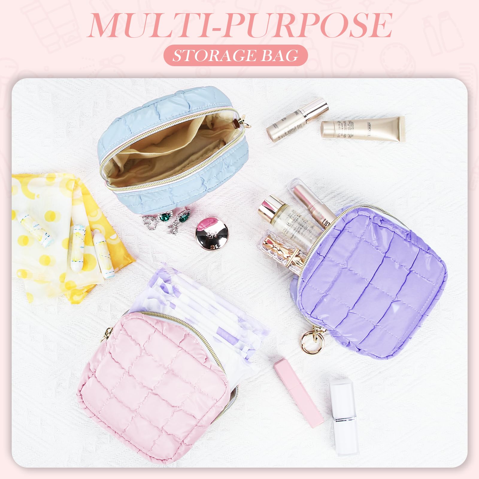 Playexen 4.9" Puffy Small Makeup Bag, Cute Quilted Cosmetic Bag for Purse, Mini Travel Toiletry Organize Pouches for Women, Birthday/Wedding/Christmas Gifts (Blue)