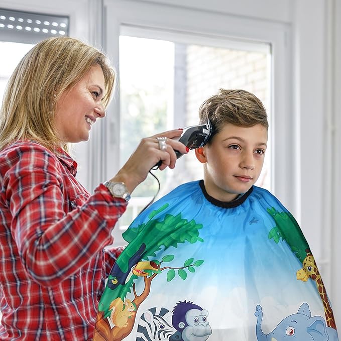 Kids Hair Cutting Cape (2 Pack) Professional Children Salon Barber Apron for Boys and Girls (Cartoon Sea Animals & Cartoon Wild Animal)