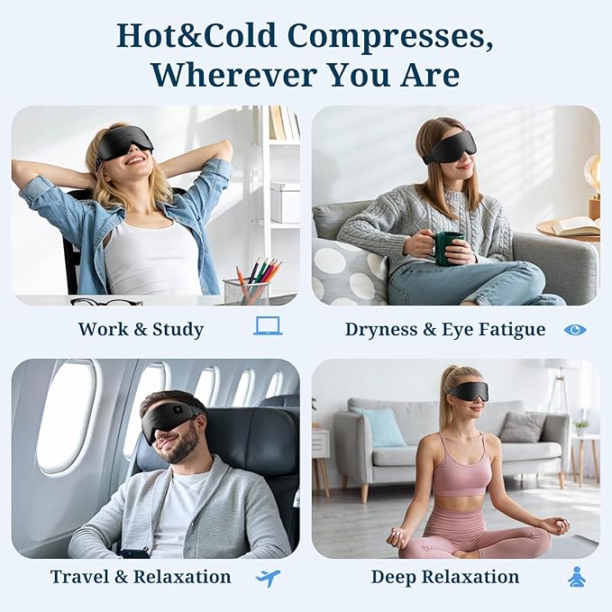 100% Silk Wireless Heated Eye Mask with Cooling, Relieves Dry Eye Syndrome and Puffy, Reduces Dark Circles, Adjustable Velcro Design and Washable Cover, Suitable for Travel & Gifts-Black.