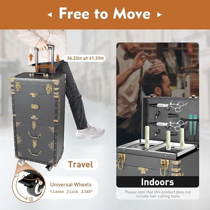 UIdili Rolling Makeup Train Case with Drawer, Lockable Hairstylist Traveling Case Stylist Storage Trolley, Beauty Salon Cosmetic Luggage Travel Organizer Tool Box with Hair Dryer Holder