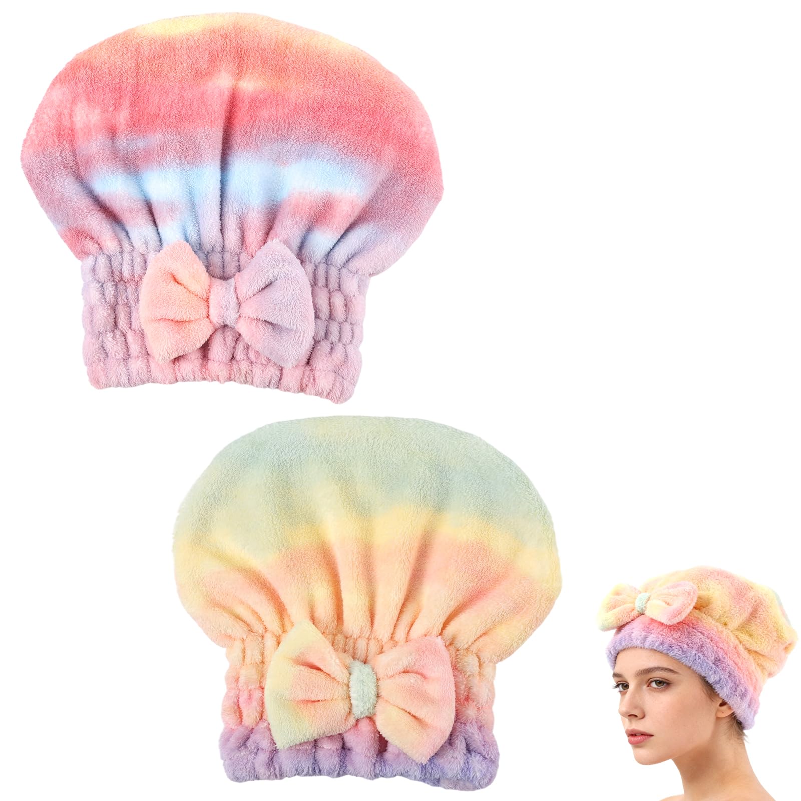 2PCS Super Absorbent Hair Towel Wrap for Wet Hair,Microfiber Hair Drying with Caps Bow Design,2026 New Fast Drying Hair Turban Wrap Towels Shower Cap for Girls and Women (Mix)