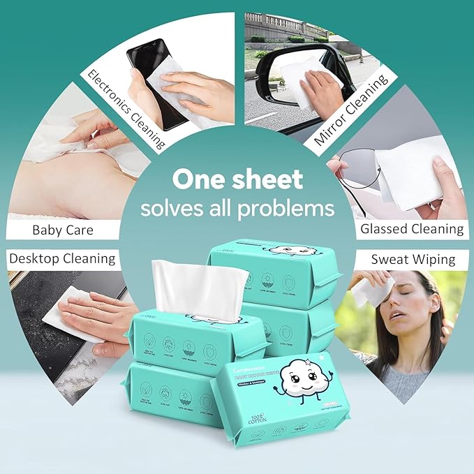Disposable Face Towels - 100% Cotton Facial Tissues for Dry and Wet Use, Biodegradable Wipes for Makeup Removal and Skin Cleansing, Suitable for Adults and Babies (100 Count, Pack of 3)