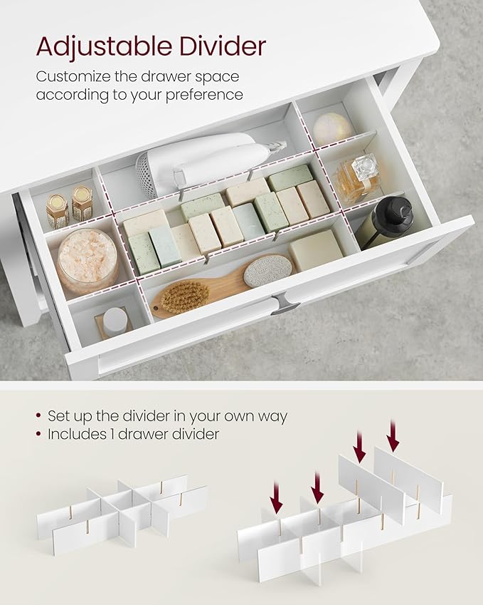 VASAGLE Storage Cabinet, Freestanding Floor Cabinet, 2 Drawers with 1 Set of Adjustable Divider, 2 Baskets, Sideboard, 11.8 x 23.6 x 31.5 Inches, for Bathroom, Living Room, Cloud White UBBC545W02