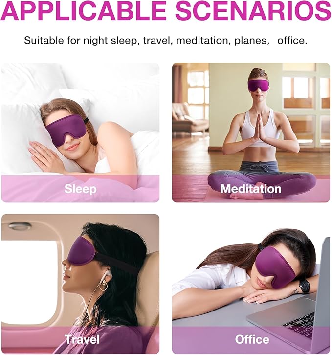 LYSIAN 3D Sleep Mask for Side Sleepers, Blackout Eye Mask with No Pressure on Eyes, Adjustable Comfortable Blindfold with 5 Pairs of Ear Plugs for Sleeping, Travel, Nap, Purple