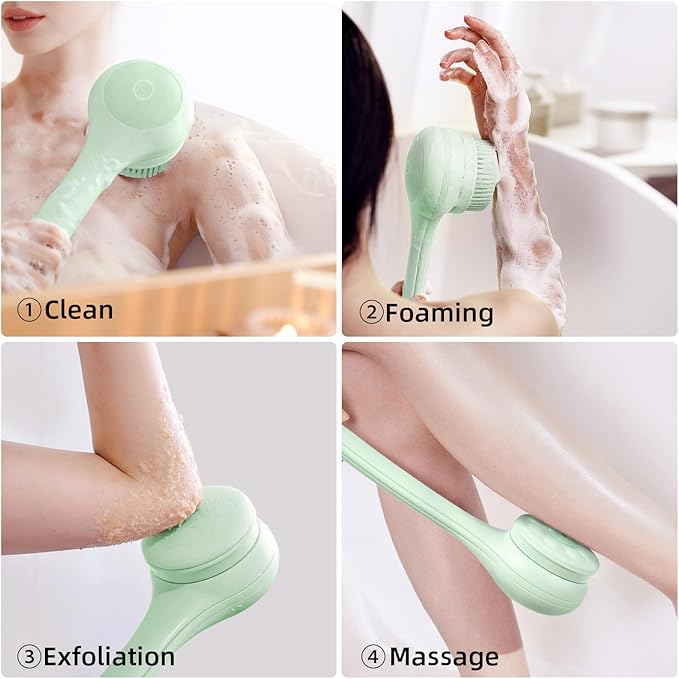 Oh,XIYU. Electric Body Brush Back Scrubber for Shower, Waterproof Long Dual Handle Body Scrubber with 3 Heads, Bath Brush & 2 Speeds, for Cleansing, Exfoliating and Massaging Skin, Pale Cypress Green