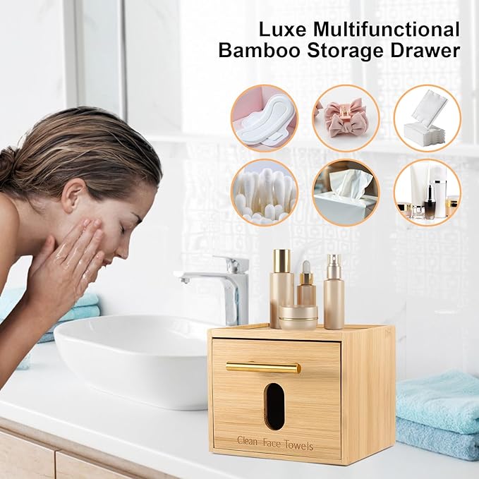 BSSN Face Towel Holder Bamboo Disposable Clean Towels Holder with Cotton Swab Box and 60ct Towels, Wall Mounted & Countertop Skincare Organizer, Bathroom Vanity Storage for Face Tissues & Makeup Pads
