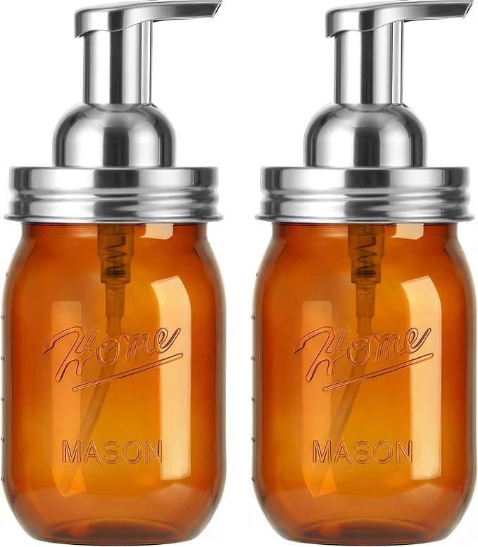 Amolliar Plastic Mason Jar Foaming Soap Dispenser Pump Lid, 16oz Foam Soap Dispenser with Cute Lables - Amber Refillable Hand Soap Dispenser for Bathroom Kitchen Shower (2 Pack, Silver)