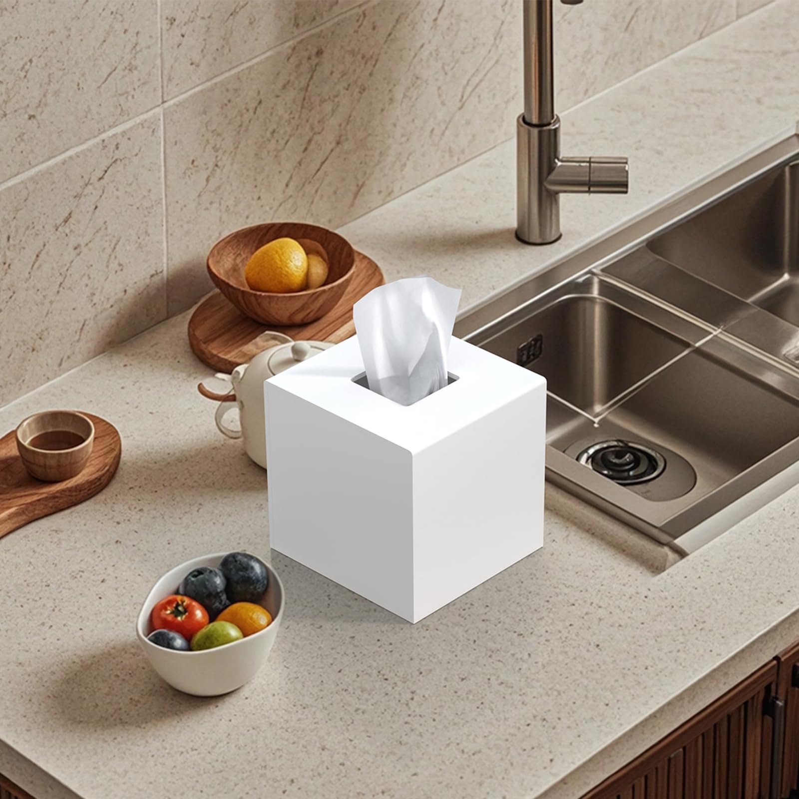 Tissue Box Cover, PITBVO Acrylic Tissue Box Holder Square Tissue Box Cover, Handmade Facial Tissue Holder Napkin Dispenser for Bathroom Kitchen Bedroom Office (Matte White, 5.5x5.5x5.5)