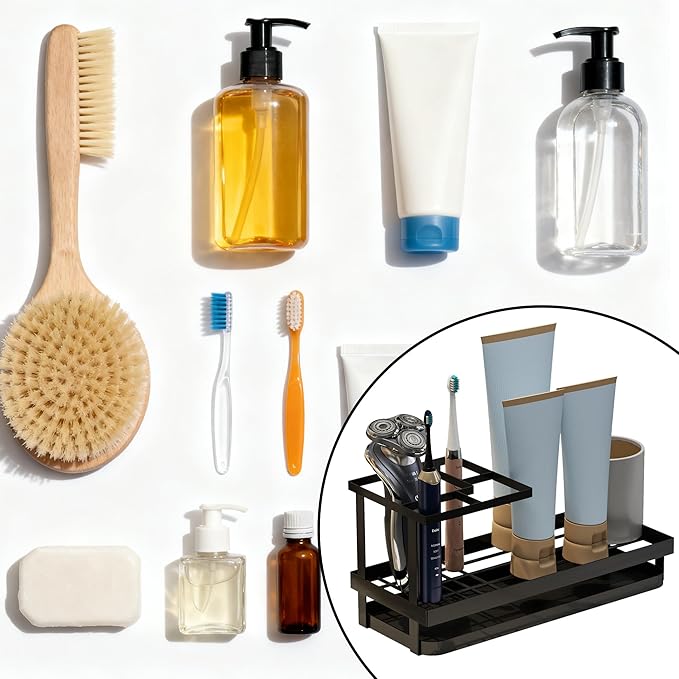 Toothbrush Holders for Bathroom,Carbon Steel Bathroom Organizer Countertopr for Electric Toothbrush,Toothpaste and Razors-Which is Perfect for Countertop Storage,Shower,Sink (Black)