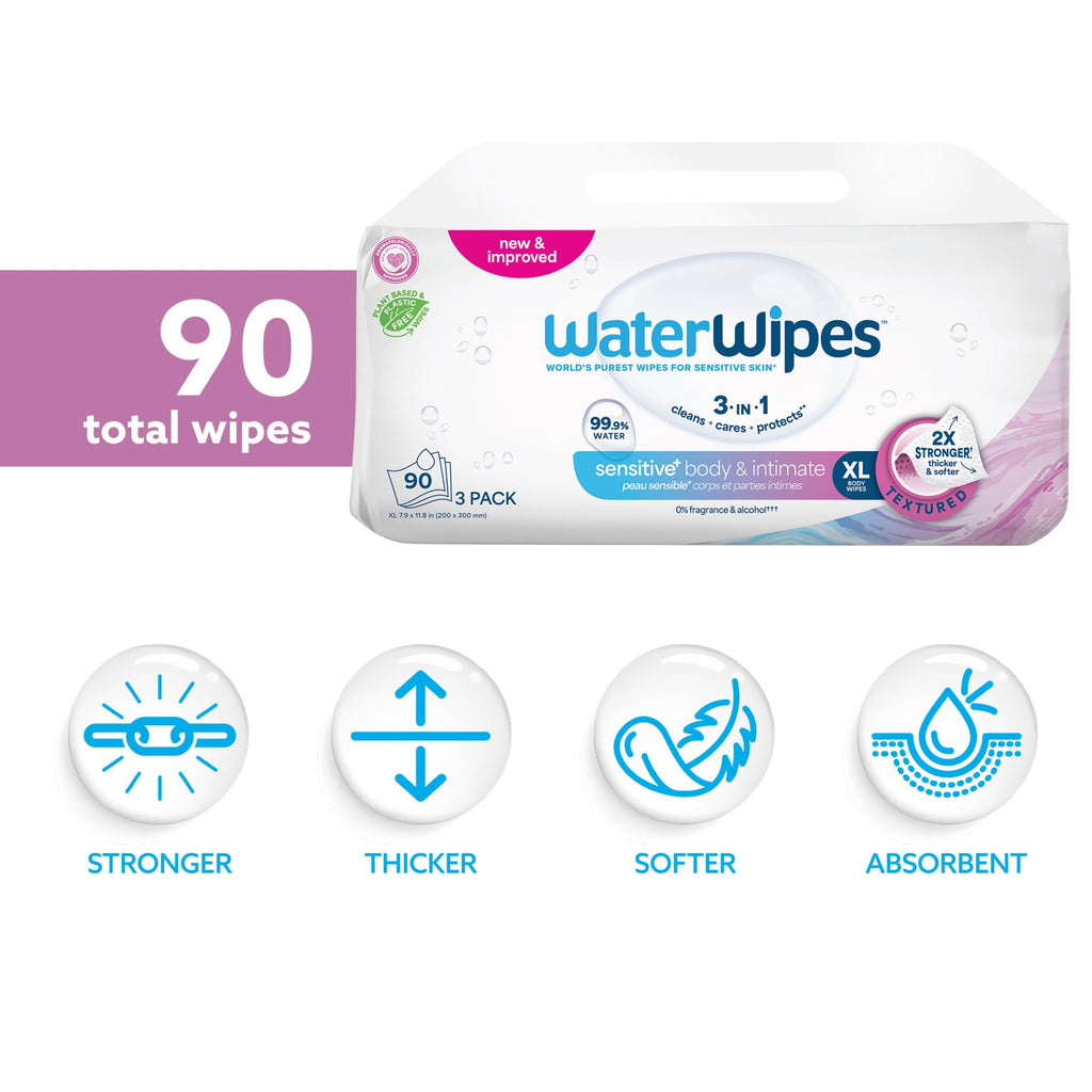 WaterWipes Sensitive Whole Body Cleansing Wipes, 99.9% Purified Water, XL Textured Wipes, Incontinence Care, Fragrance Free, 90 Count