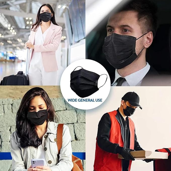 SDIW 100Pcs Black Disposable Face Mask, 3 Ply Black Face Masks with Soft Elastic Ear loops
