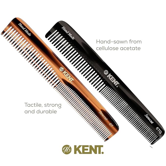 Kent 6T-6T G Fine Tooth and Wide Tooth Hair Comb, Handmade Styling Comb for Hair Care, Barber Combs, Beard Combs For Men, Styling Grooming for Men, Women and Kids