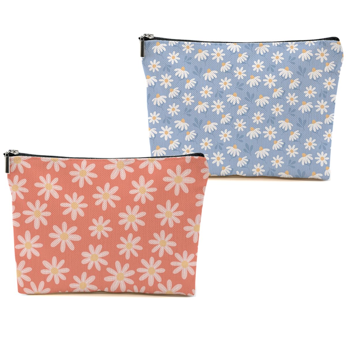 2pcs Daisy Floral Makeup Bag, Travel Essential Cosmetic Bag Garden Flower Gifts for Women Female Girls Sister BFF Nature Lover, Travel Zipper Pouch Christmas Thanksgiving Birthday Gifts