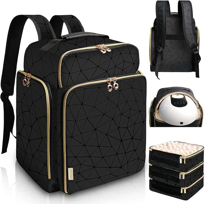 ahzske Nail Polish Organizer Backpack Holds 126 Bottles& Nail Lamp, Extra Large Nail Kit Supplies Organizer Bag with 3 Removable Cases, Portable Nail Organizers and Storage for Trave (Elegant Black)
