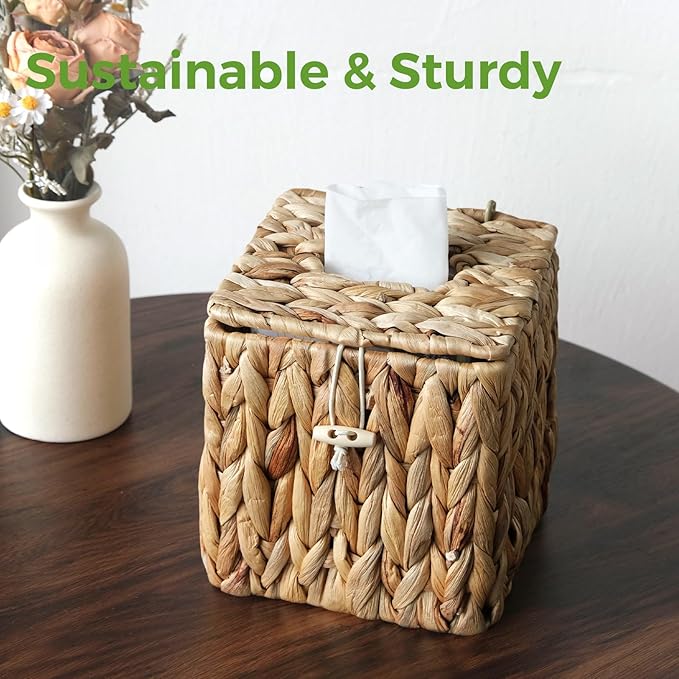 Rattan Tissue Box Cover with Lid, Wicker Tissue Box Holder Square, Hand Woven Cube Tissue Box Cover Tissue Holder for Bathroom Living Room Kitchen Office, Natural