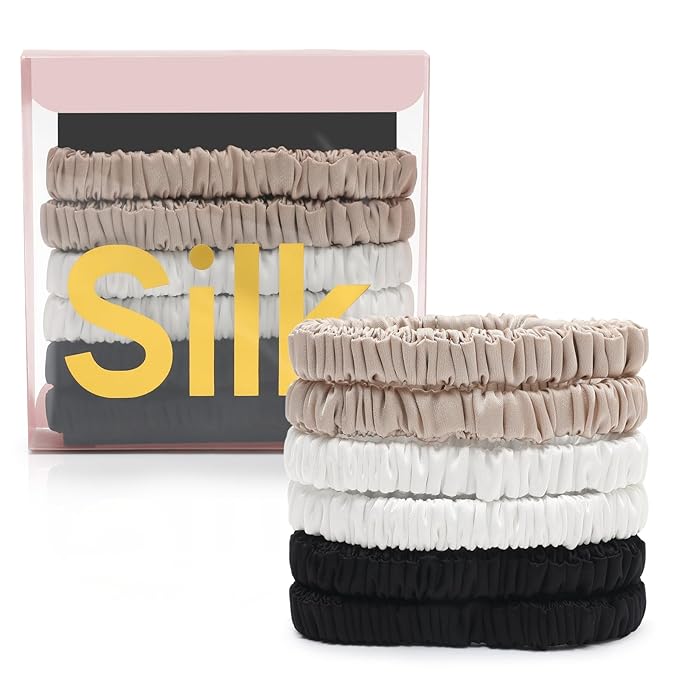 6Pcs Silk Hair Ties Small 22 Momme 100% Pure Mulberry Silk Scrunchies for Women Girls Thin Skinny Hair Sleep Scrunchies No Damage(Color 07)