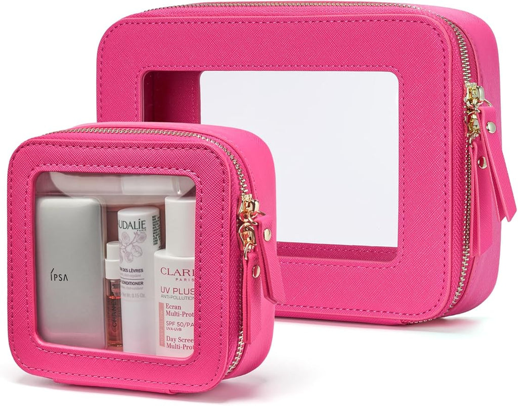 Popvibe Clear Makeup Case Toiletry Bag Travel Medium Clear Cosmetic Bag with Zipper, Make Up Bag Organizer Traveling TSA Approved Transparent Bag Car for Essentials, Mini & Medium, Hot Pink