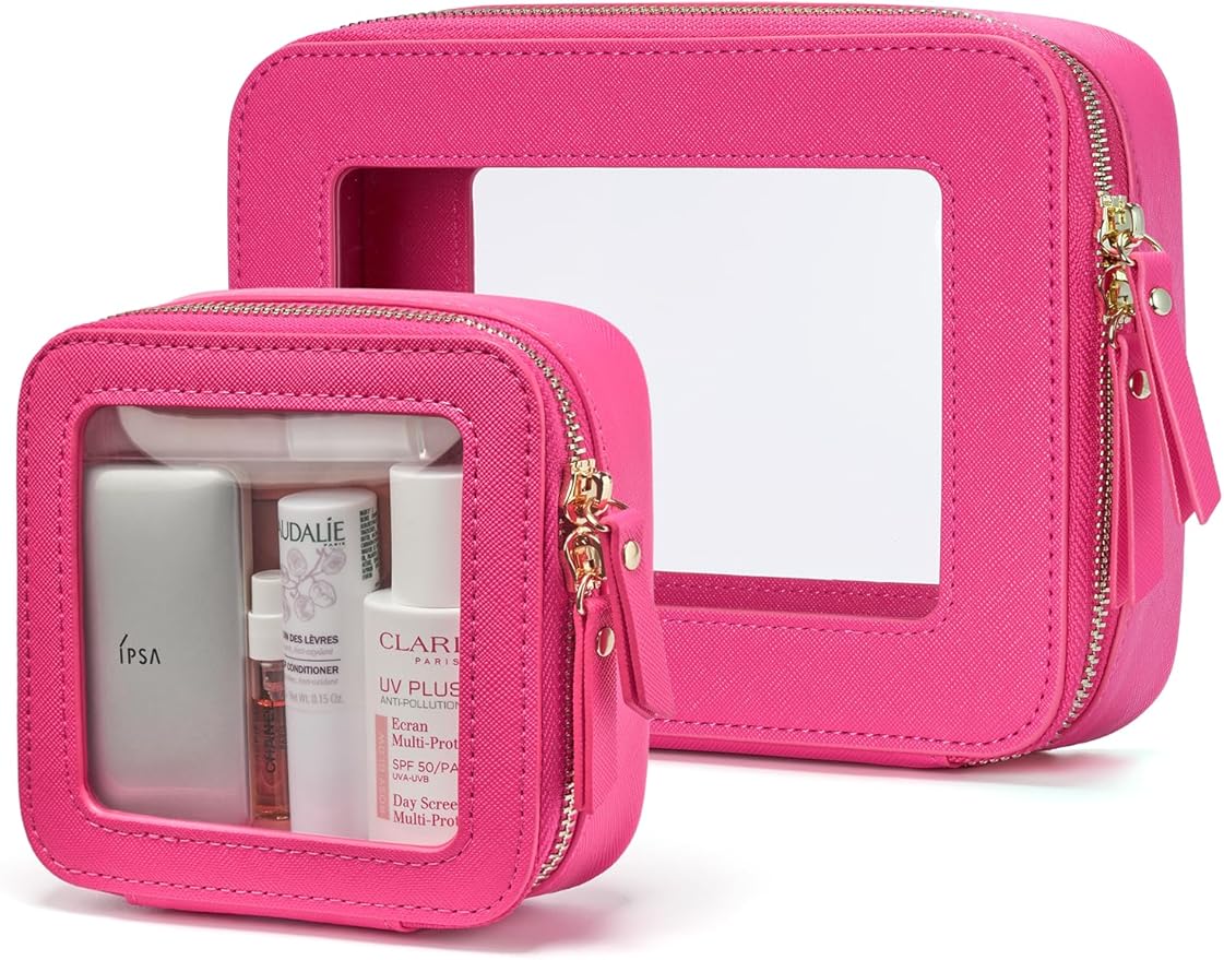 Popvibe Clear Makeup Case Toiletry Bag Travel Medium Clear Cosmetic Bag with Zipper, Make Up Bag Organizer Traveling TSA Approved Transparent Bag Car for Essentials, Mini & Medium, Hot Pink